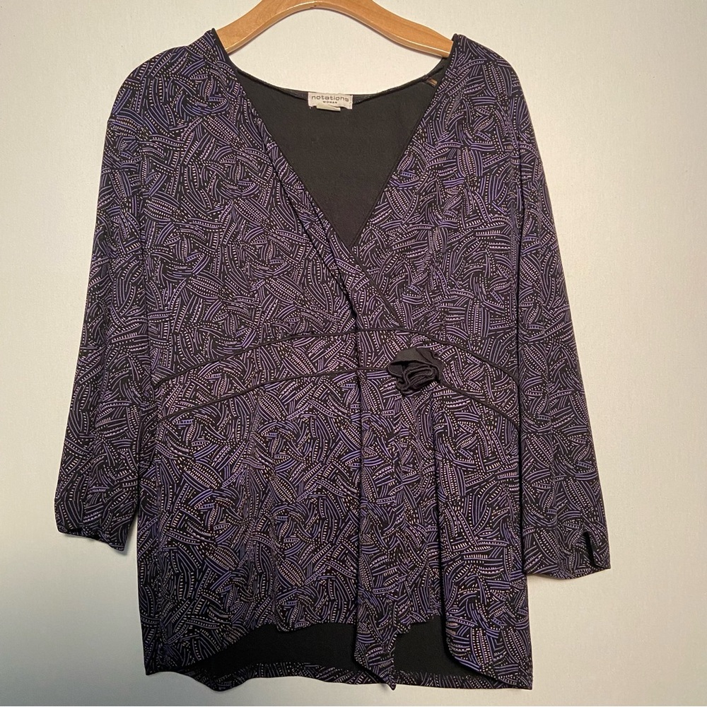 Notations Womens Top Size 2X Wrap‎ Blouse Dark Floral Purple Black Vintage
